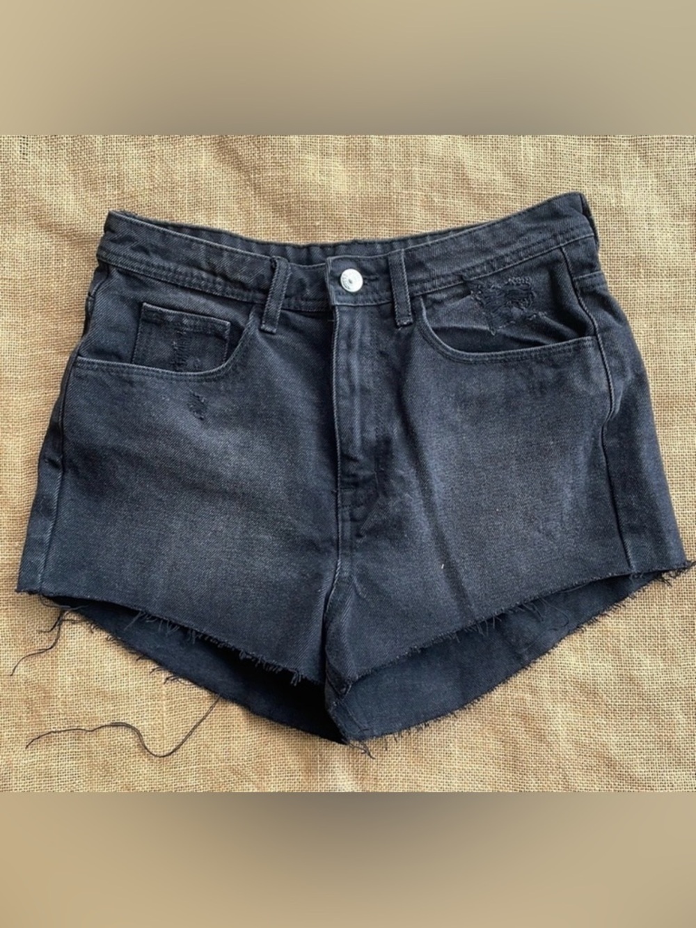 H&M Black Denim High Waisted Shorts Size 6 Distressed